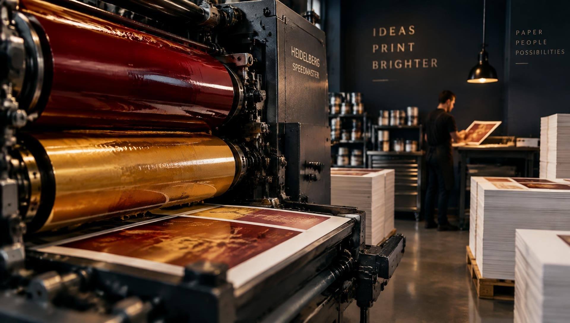 Printing press rolling deep red and gold ink
